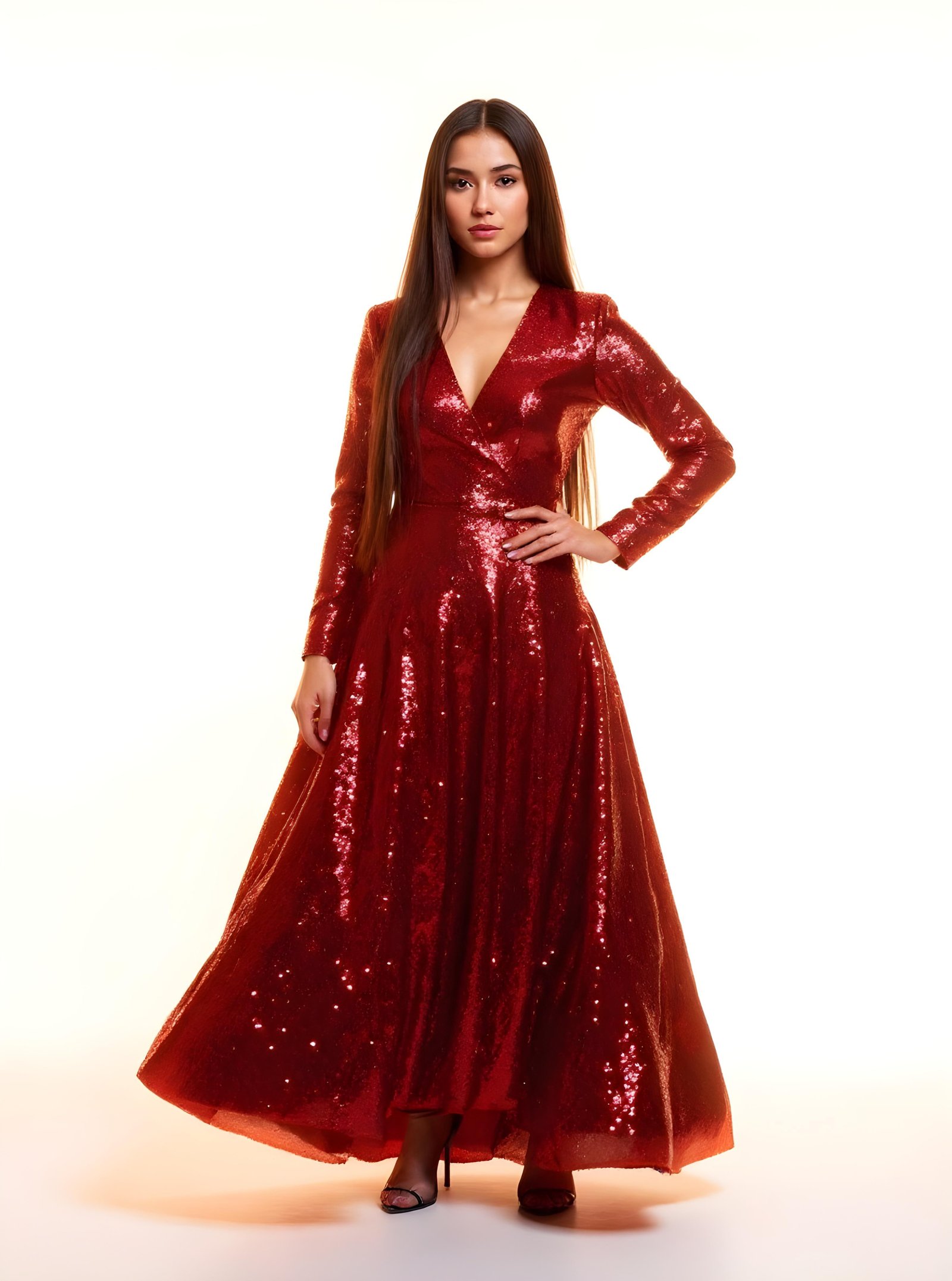 Beautiful Young Woman Wearing Elegant Red Dress Isolated on White Background