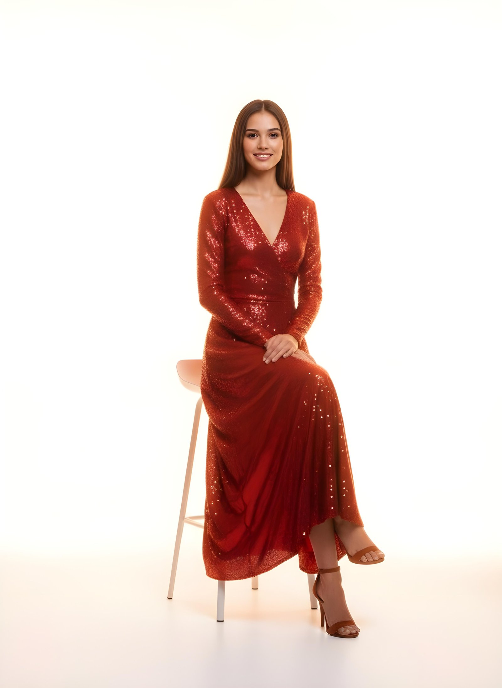 Beautiful Young Woman Wearing Elegant Red Dress Isolated on White Background