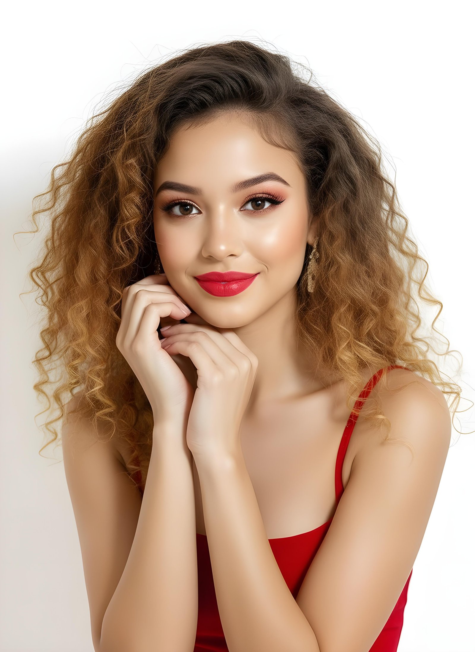 Beautiful Young Woman Wearing Elegant Red Dress Isolated on White Background