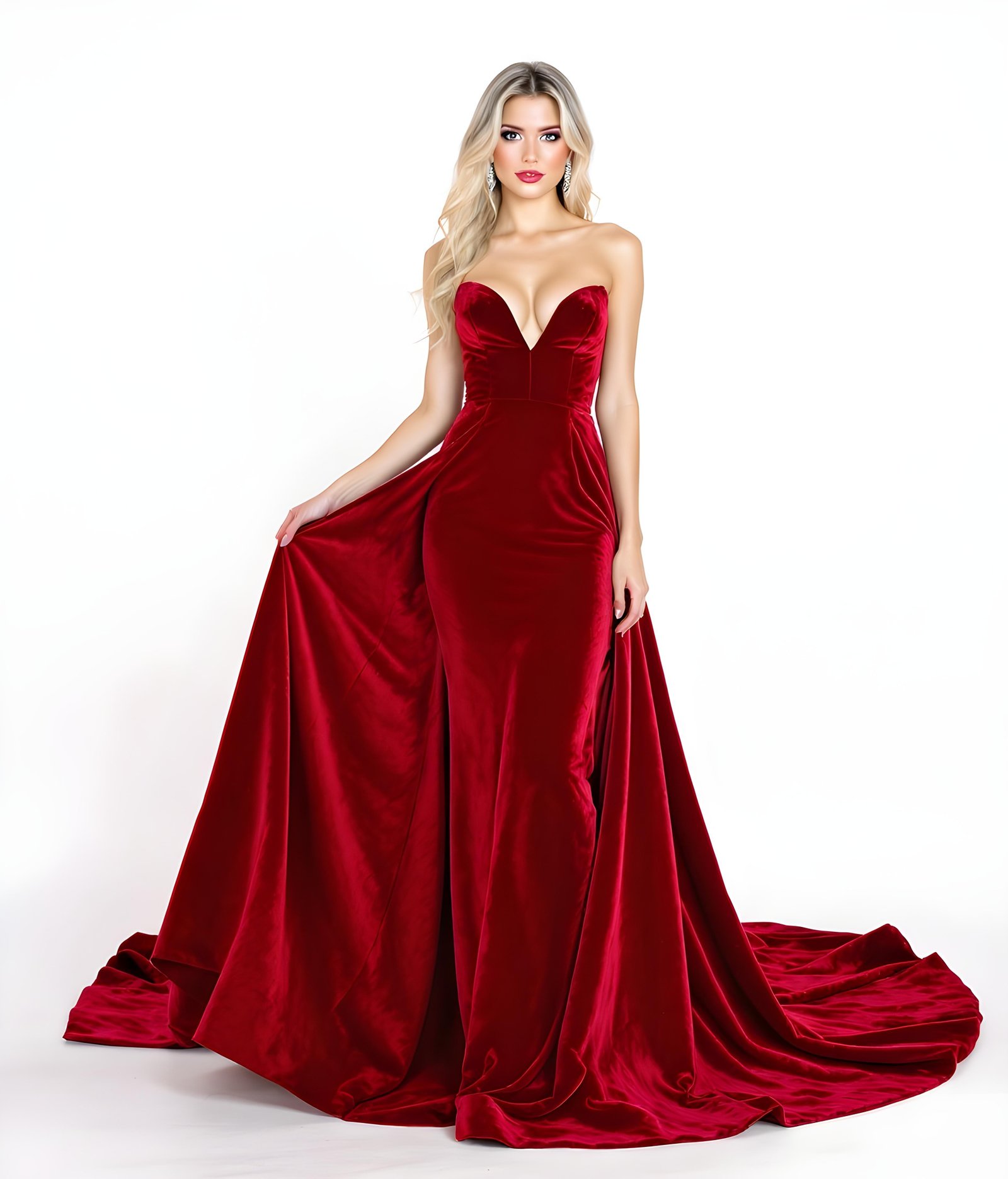 Beautiful Young Woman Wearing Elegant Red Dress Isolated on White Background