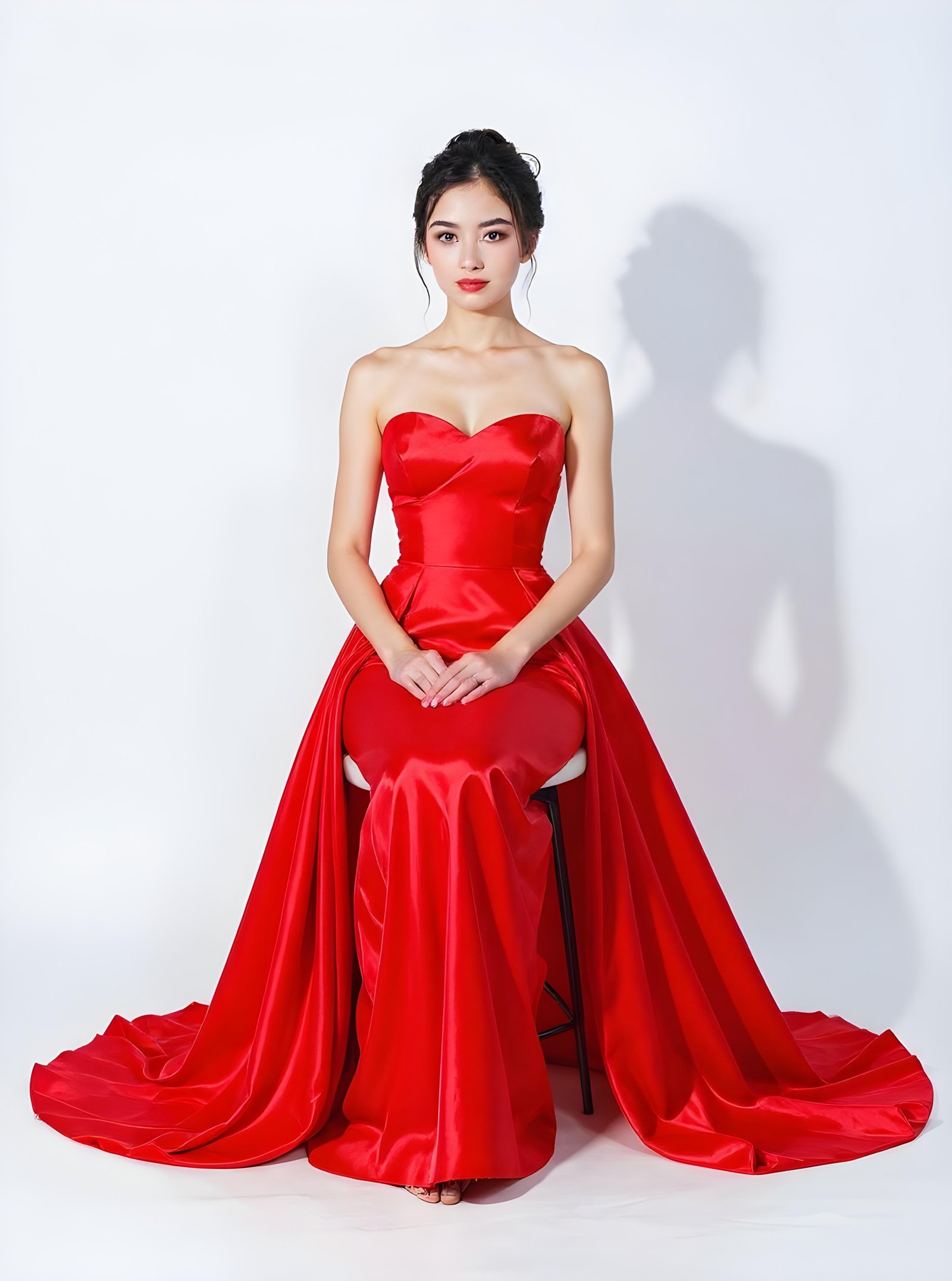 Beautiful Young Woman Wearing Elegant Red Dress Isolated on White Background