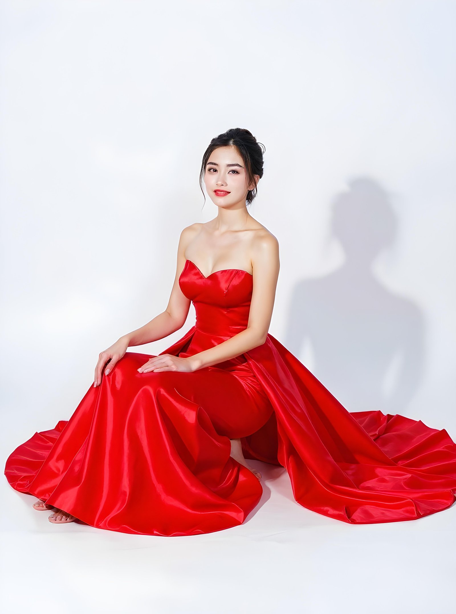 Beautiful Young Woman Wearing Elegant Red Dress Isolated on White Background