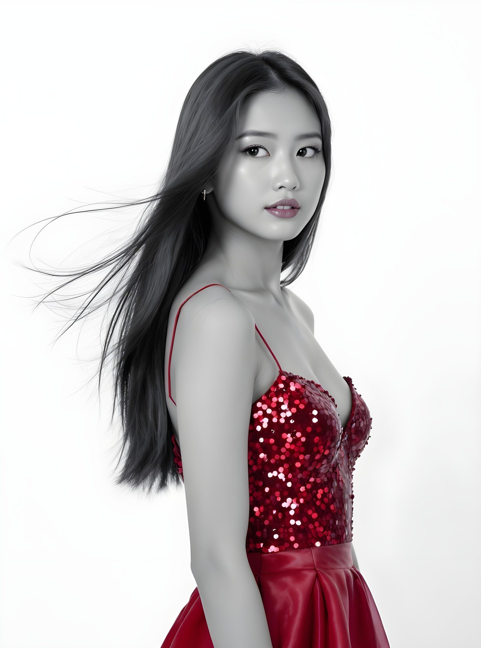 Beautiful Young Woman Wearing Elegant Red Dress Isolated on White Background