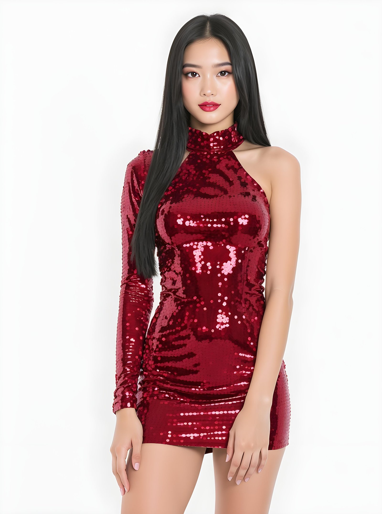 Beautiful Young Woman Wearing Elegant Red Dress Isolated on White Background