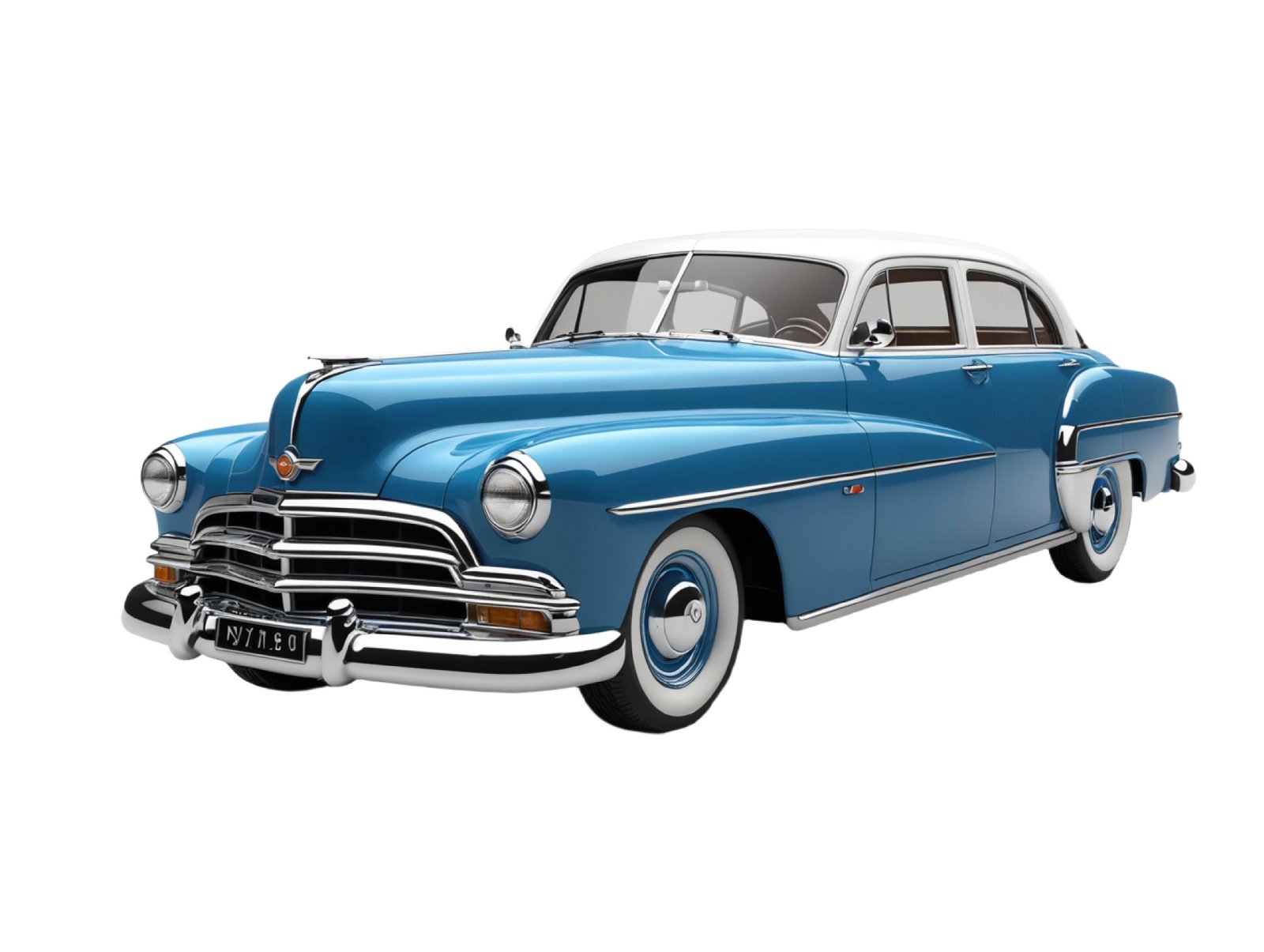 Classic Blue Vintage Sedan Car Isolated on White Background