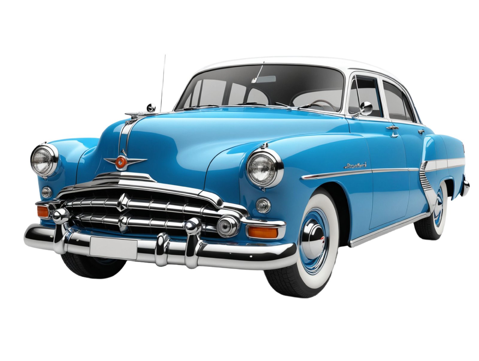 Classic Blue Vintage Sedan Car Isolated on White Background