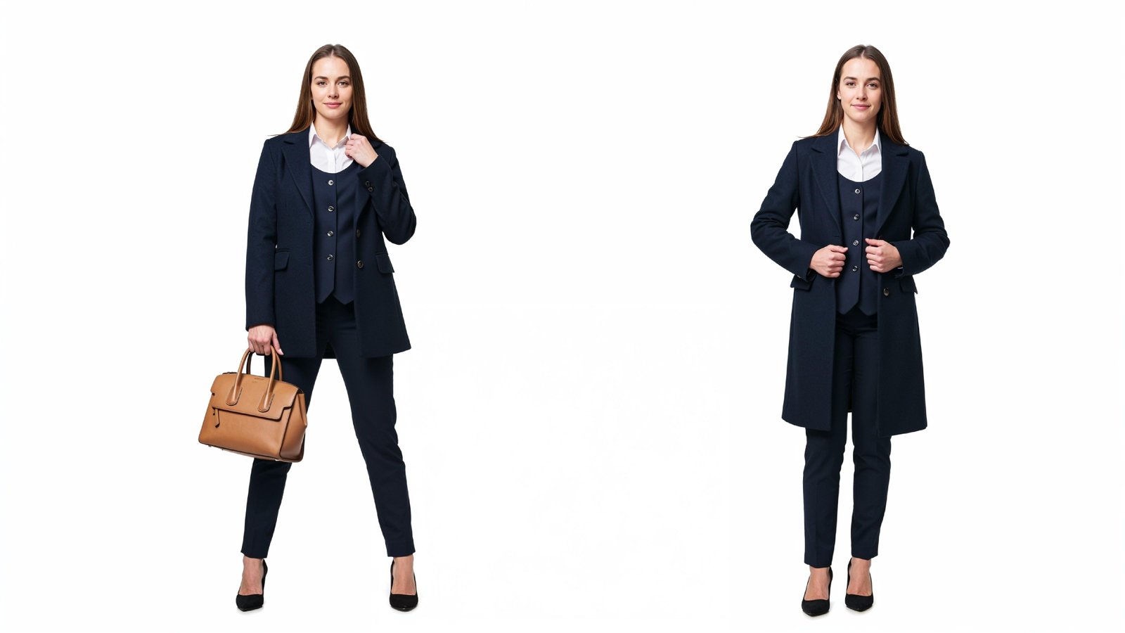 Confident Business Woman in Navy Blue Formal Outfit with Handbag