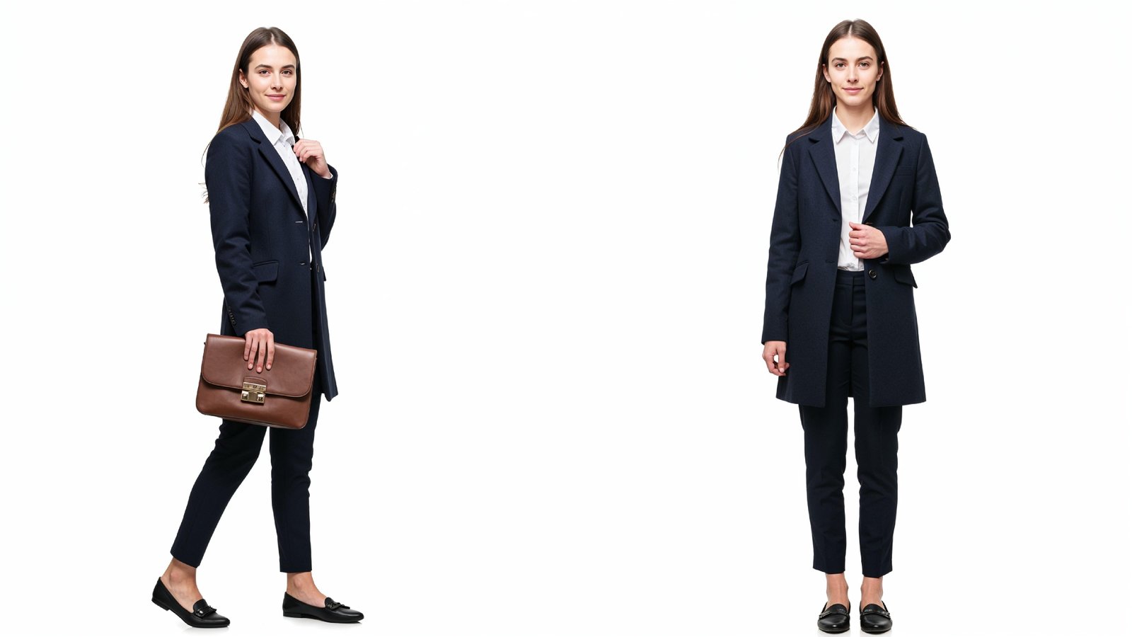 Confident Business Woman in Navy Blue Formal Outfit with Handbag