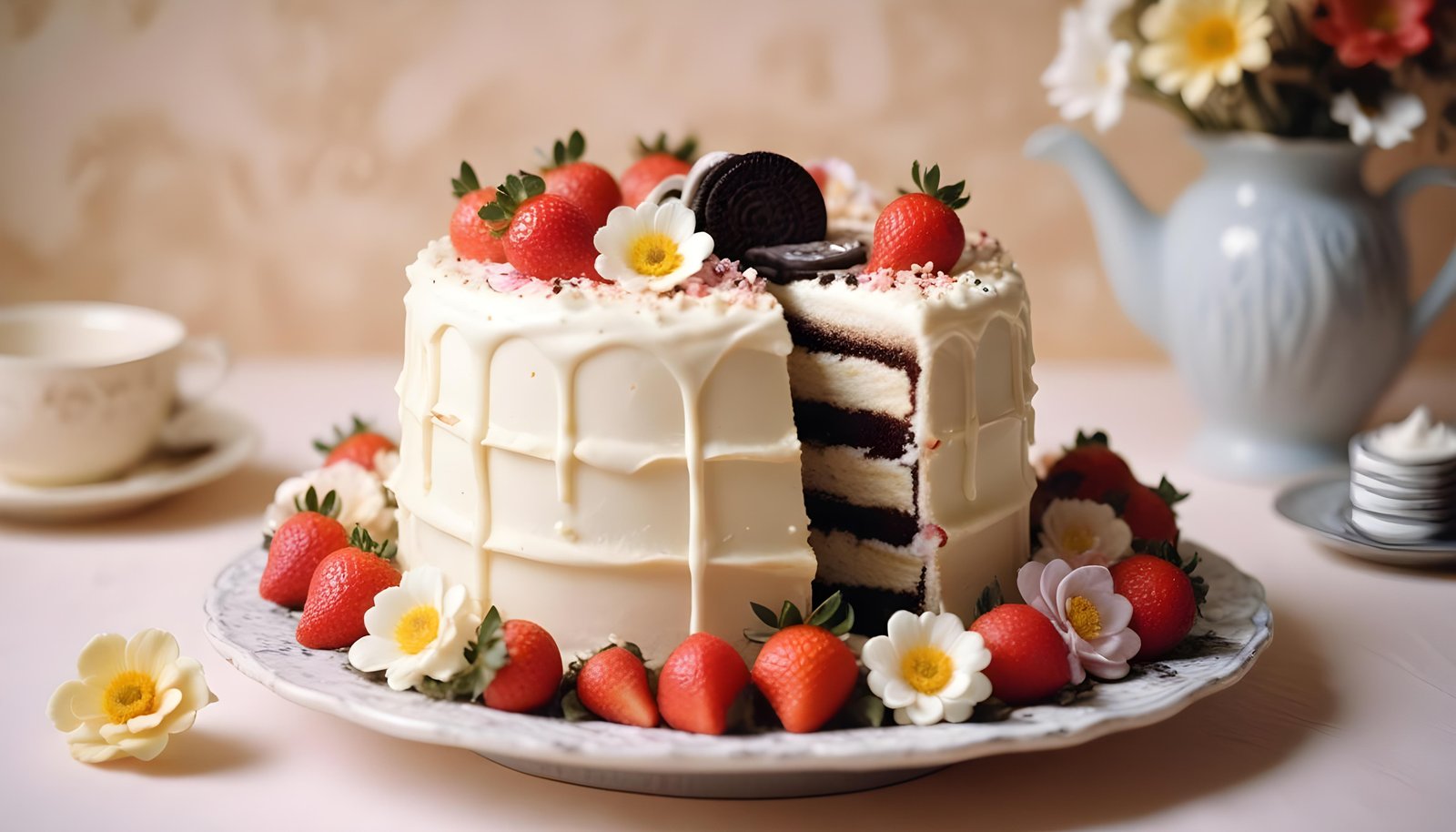 Delicious Strawberry Cream Cake Dessert Isolated on Elegant Background
