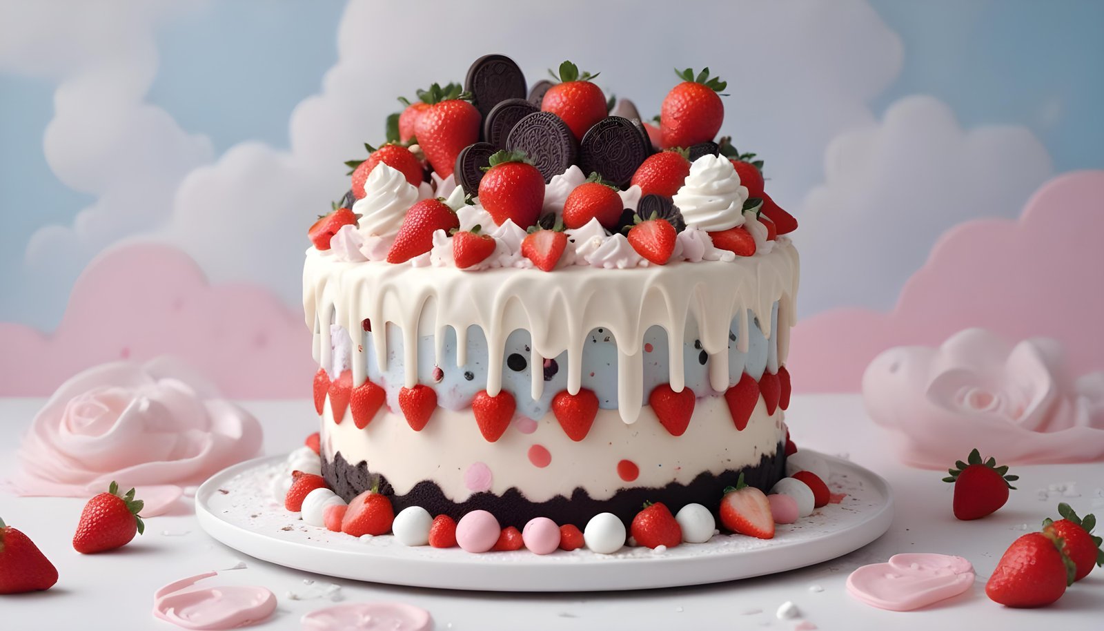 Delicious Strawberry Cream Cake Dessert Isolated on Elegant Background