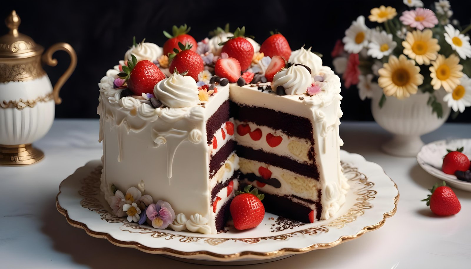Delicious Strawberry Cream Cake Dessert Isolated on Elegant Background
