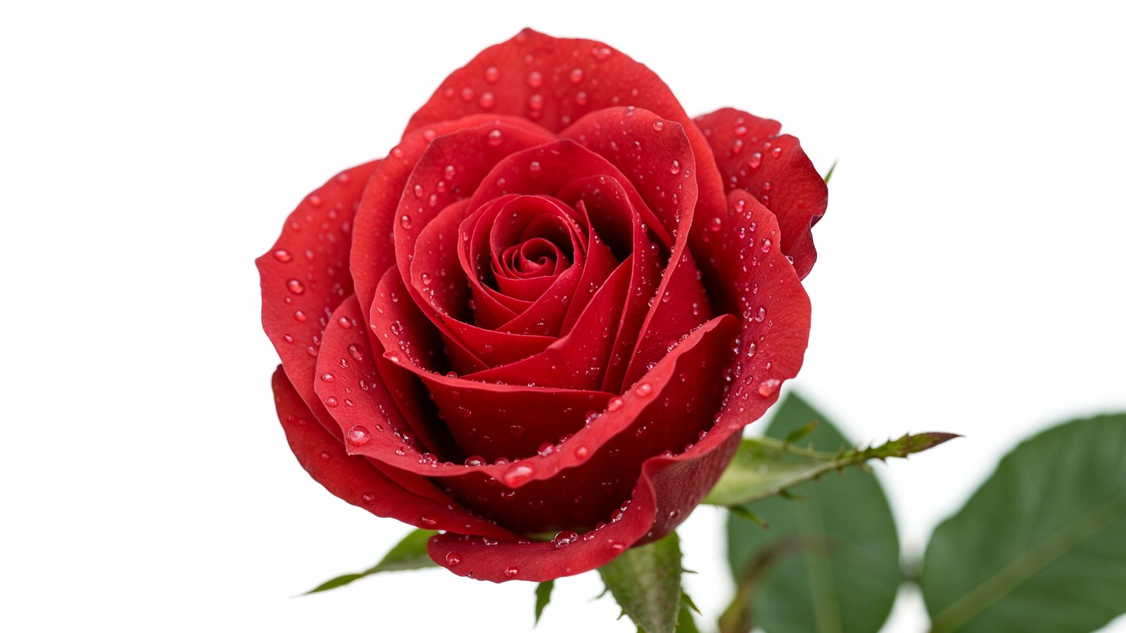 Elegant Red Rose with Dewdrops on White Background