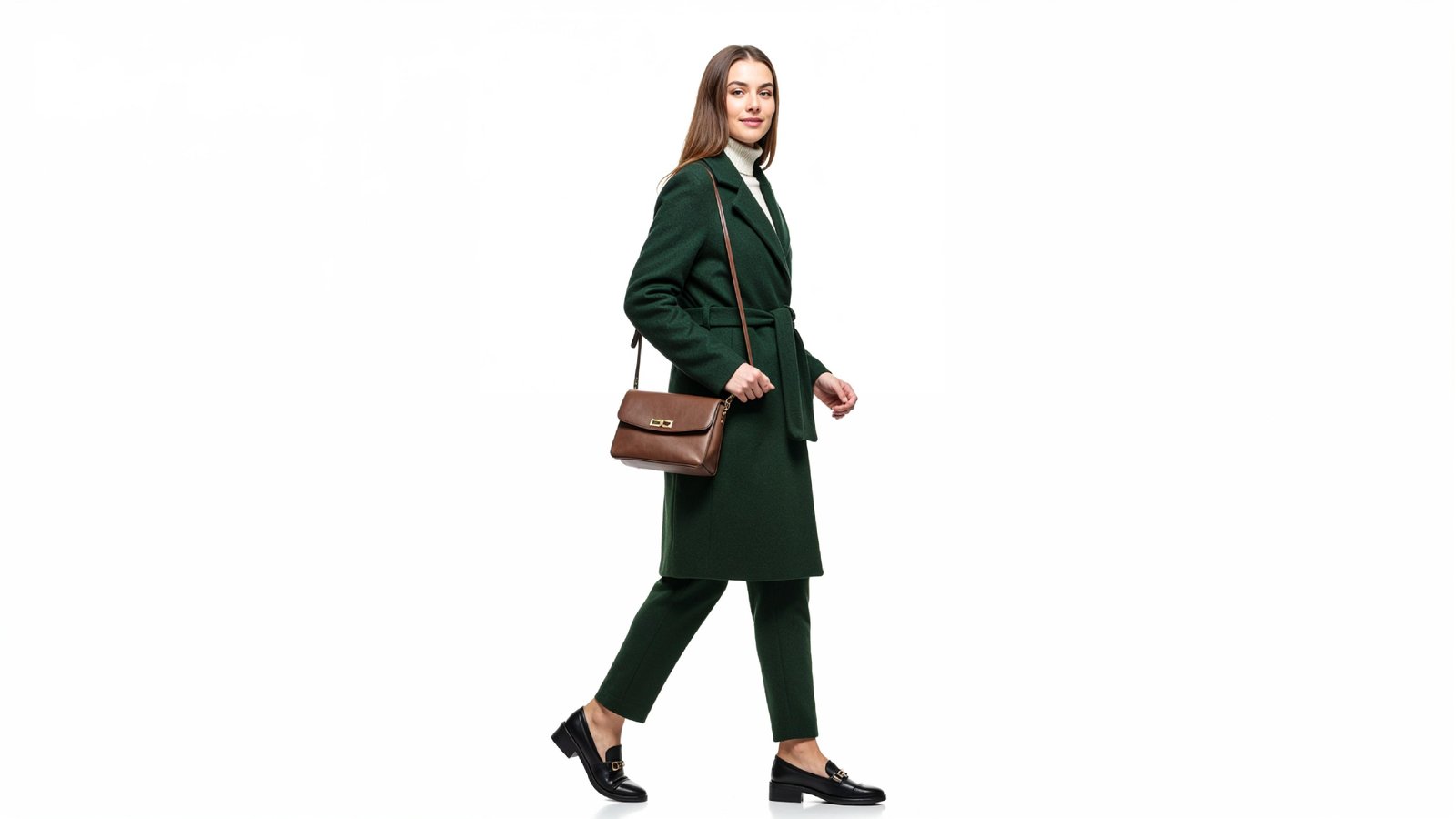 Elegant Woman in Dark Green Coat Walking with Handbag