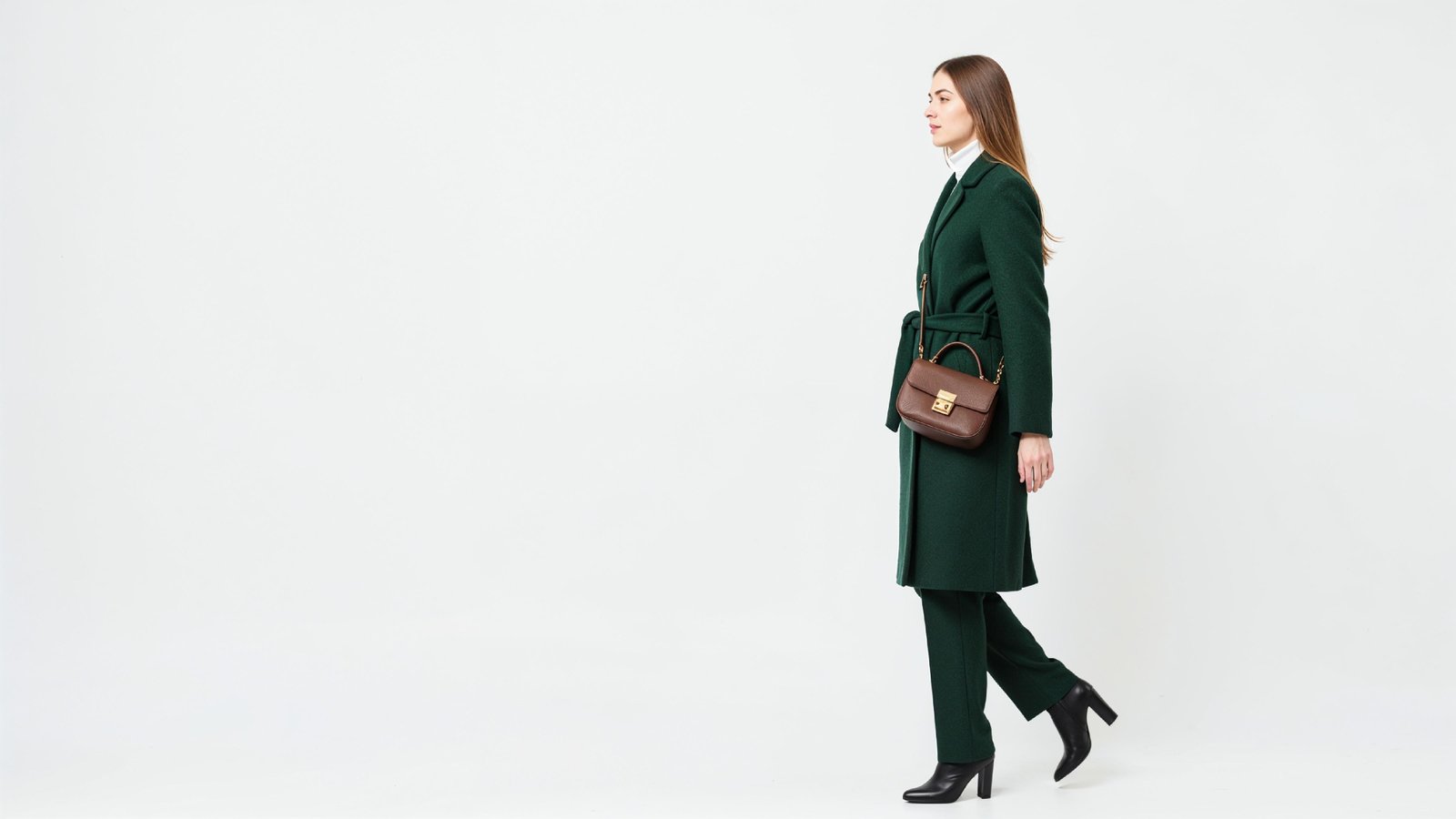 Elegant Woman in Dark Green Coat Walking with Handbag