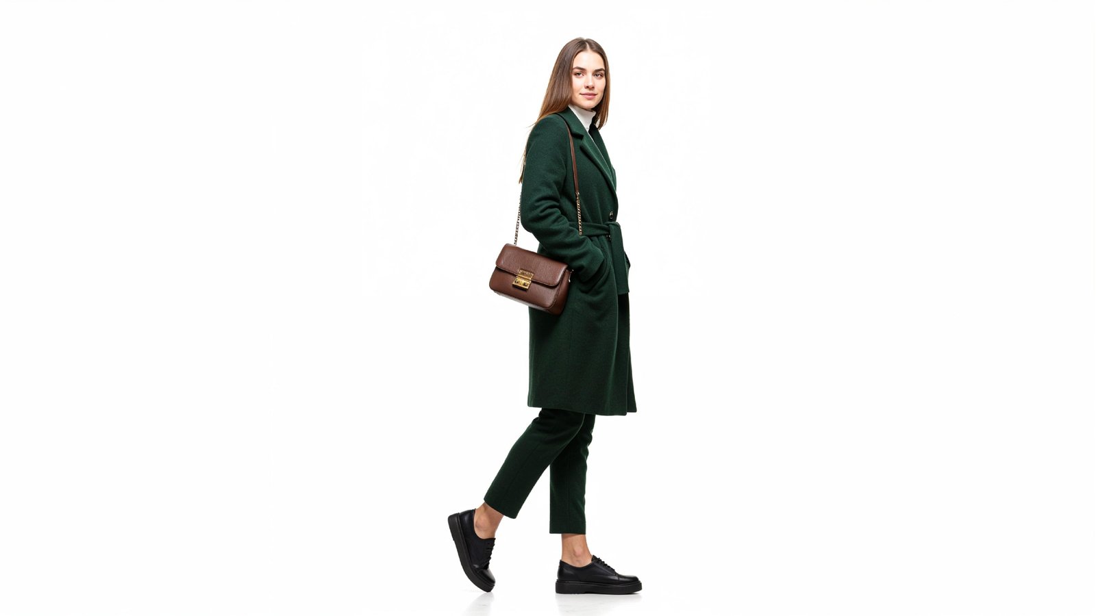 Elegant Woman in Dark Green Coat Walking with Handbag