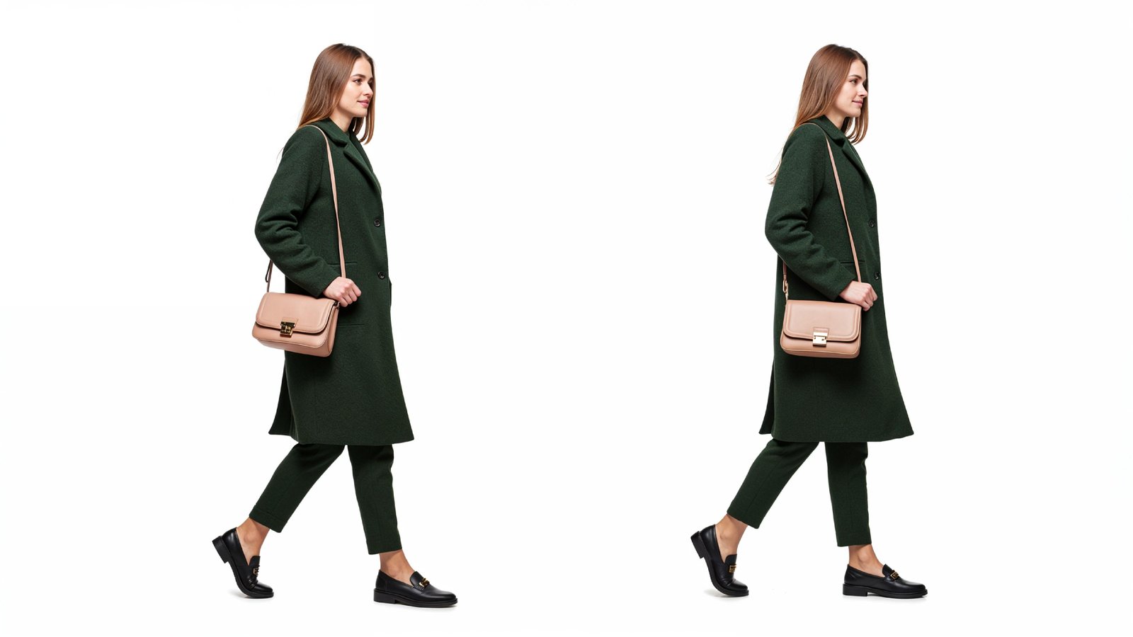 Elegant Woman in Dark Green Coat Walking with Handbag