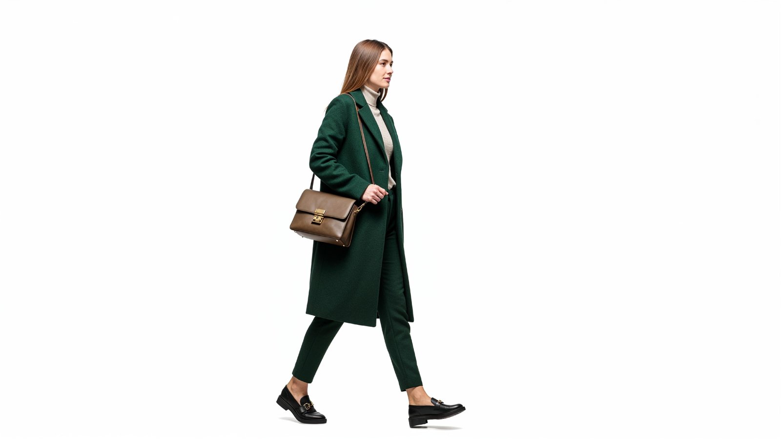 Elegant Woman in Dark Green Coat Walking with Handbag