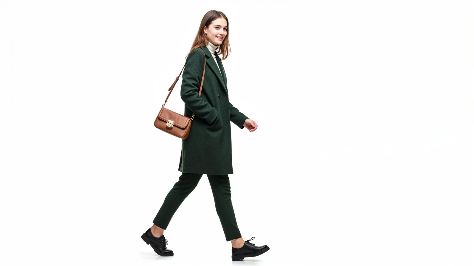 Elegant Woman in Dark Green Coat Walking with Handbag