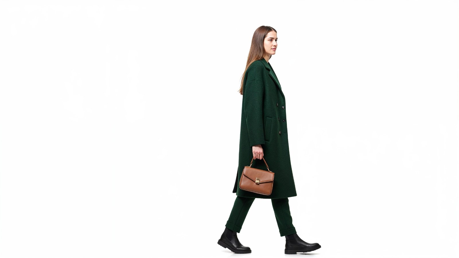 Elegant Woman in Dark Green Coat Walking with Handbag