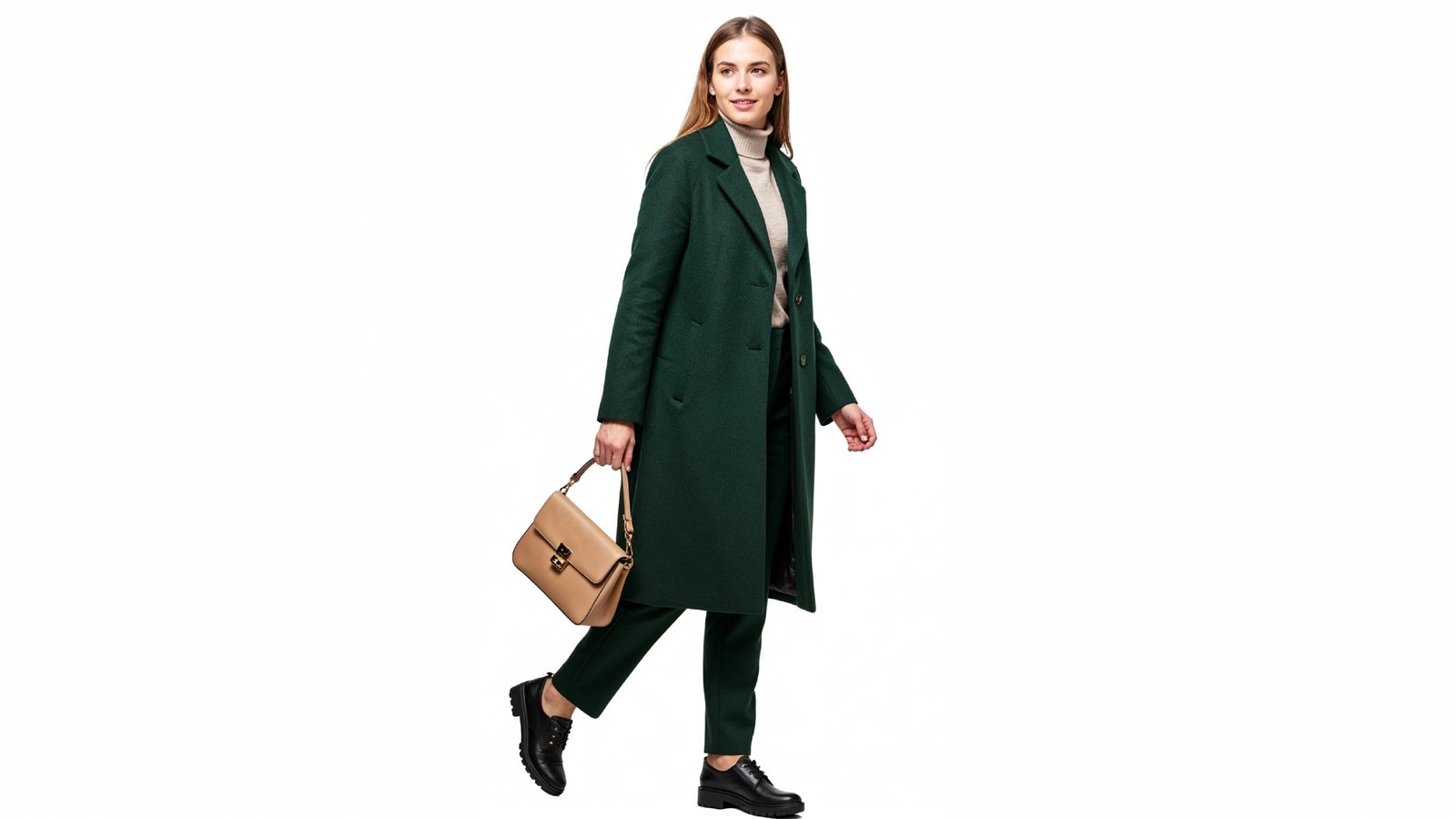 Elegant Woman in Dark Green Coat Walking with Handbag