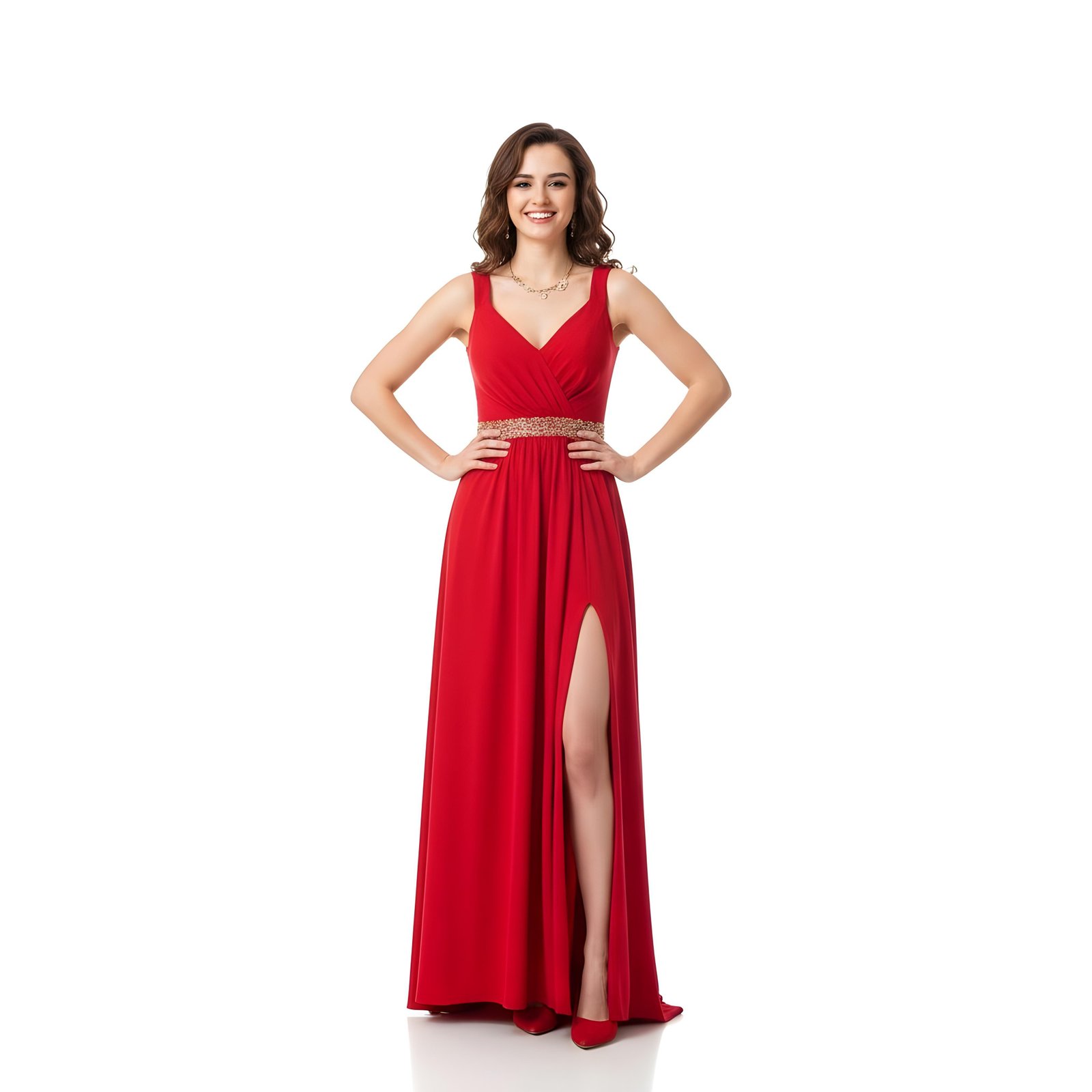 Elegant Woman Wearing Red Evening Gown Isolated on White Background