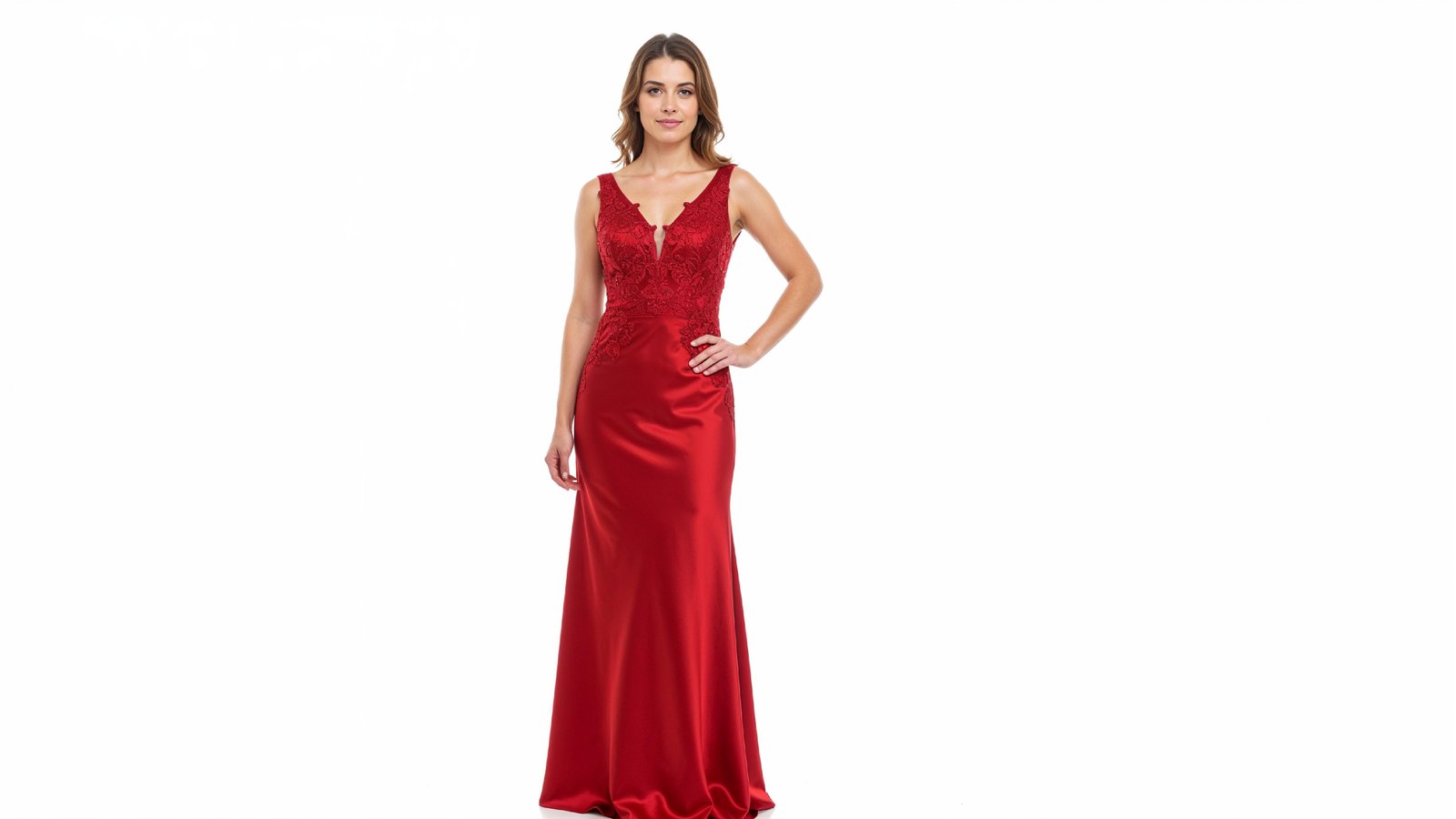 Elegant Young Woman in Flowing Red Evening Gown Fashion Portrait
