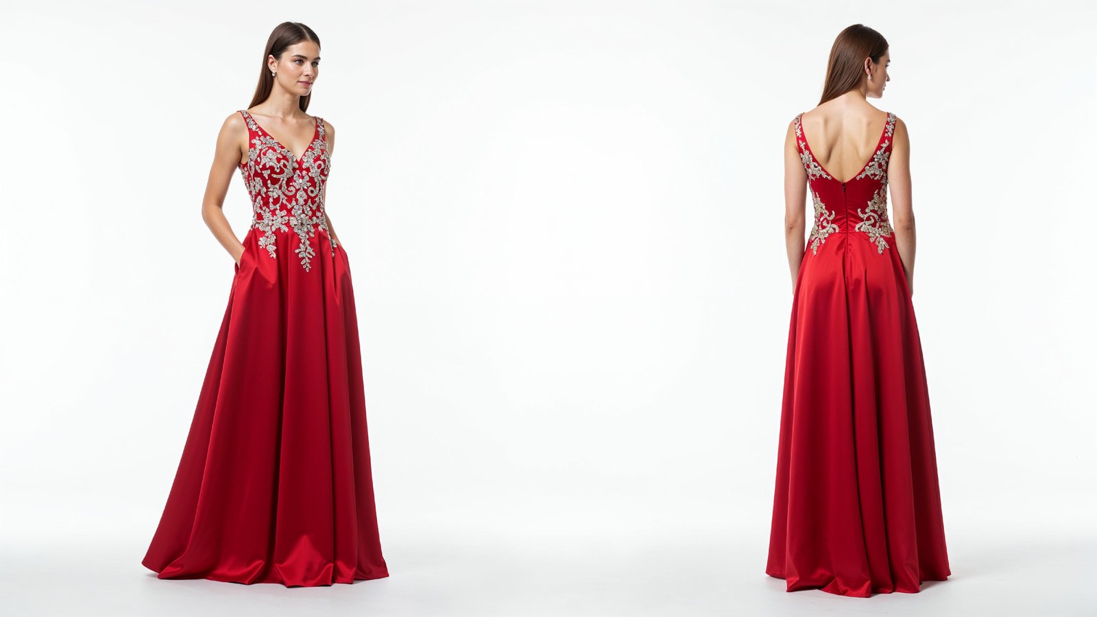 Elegant Young Woman in Flowing Red Evening Gown Fashion Portrait
