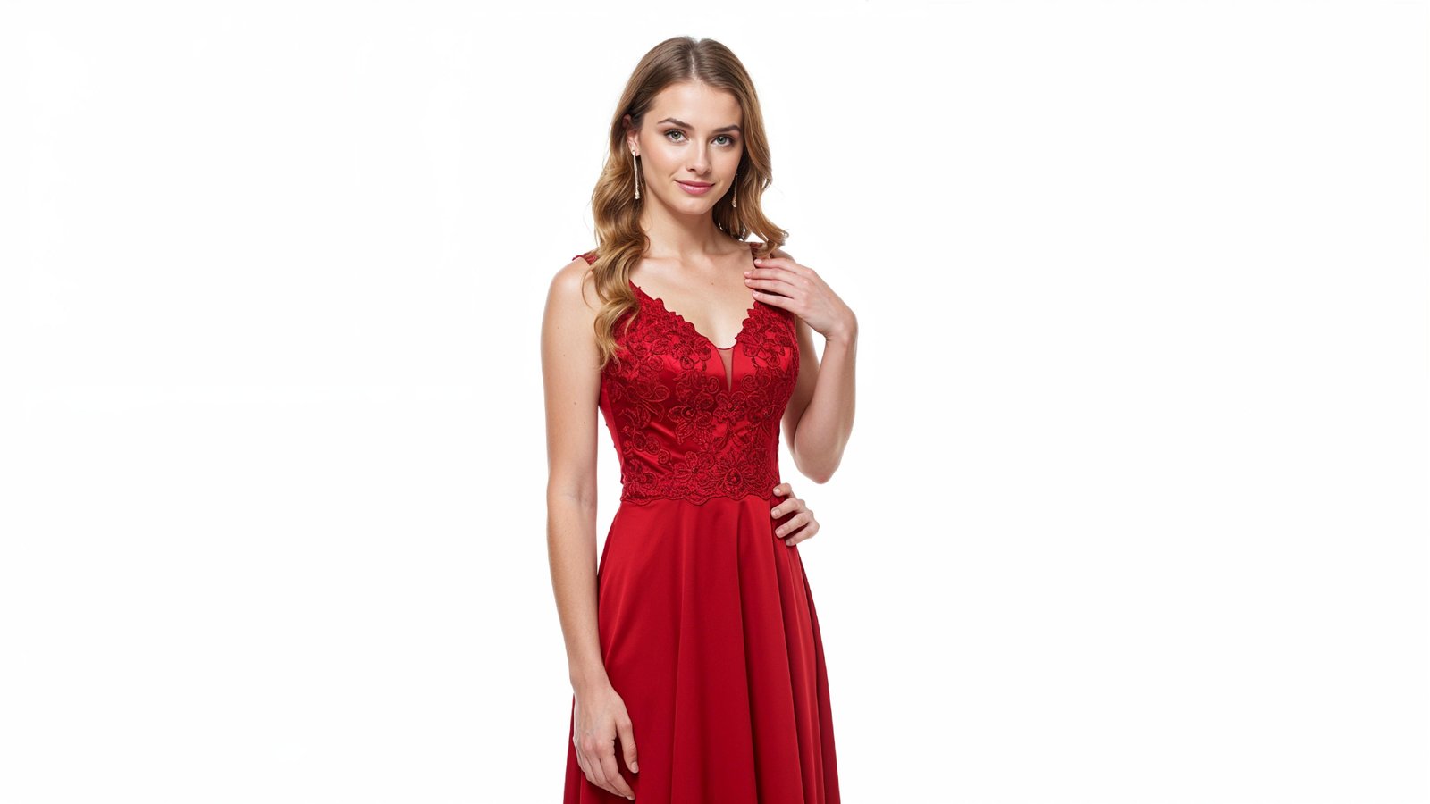 Elegant Young Woman in Flowing Red Evening Gown Fashion Portrait