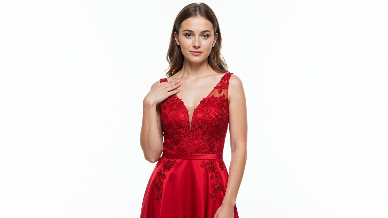 Elegant Young Woman in Flowing Red Evening Gown Fashion Portrait