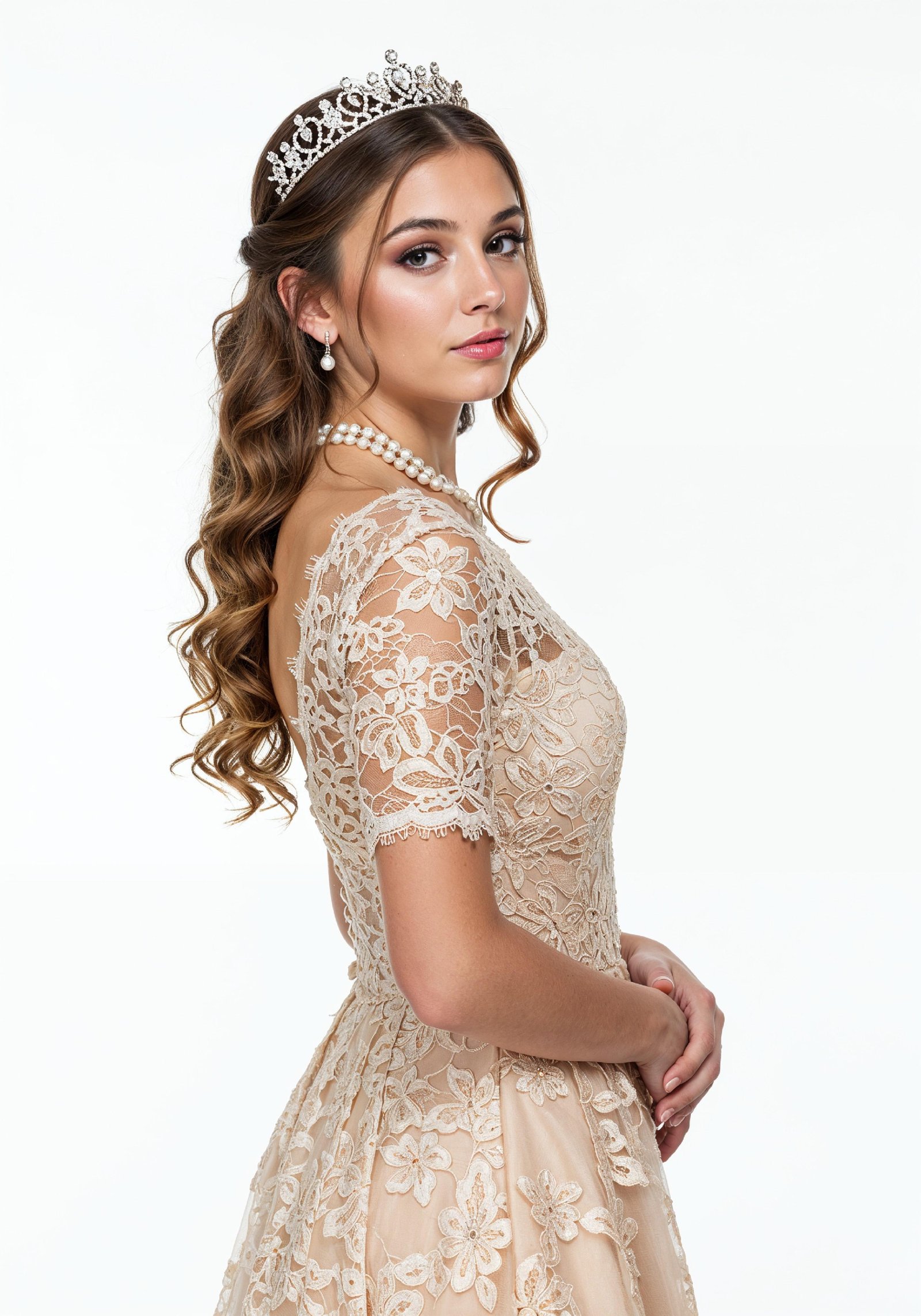Elegant Young Woman in Luxury Champagne Evening Gown Fashion Portrait