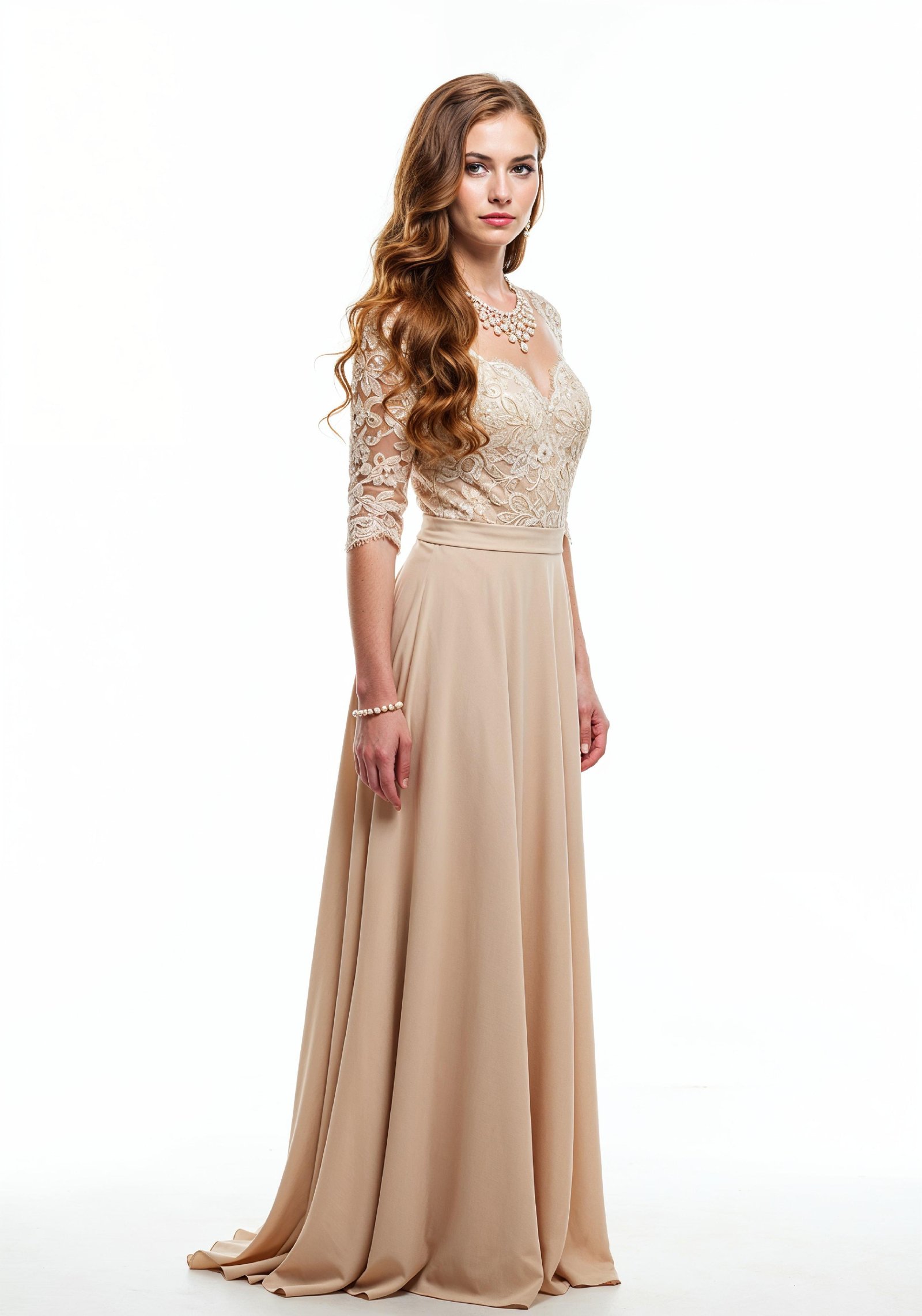 Elegant Young Woman in Luxury Champagne Evening Gown Fashion Portrait
