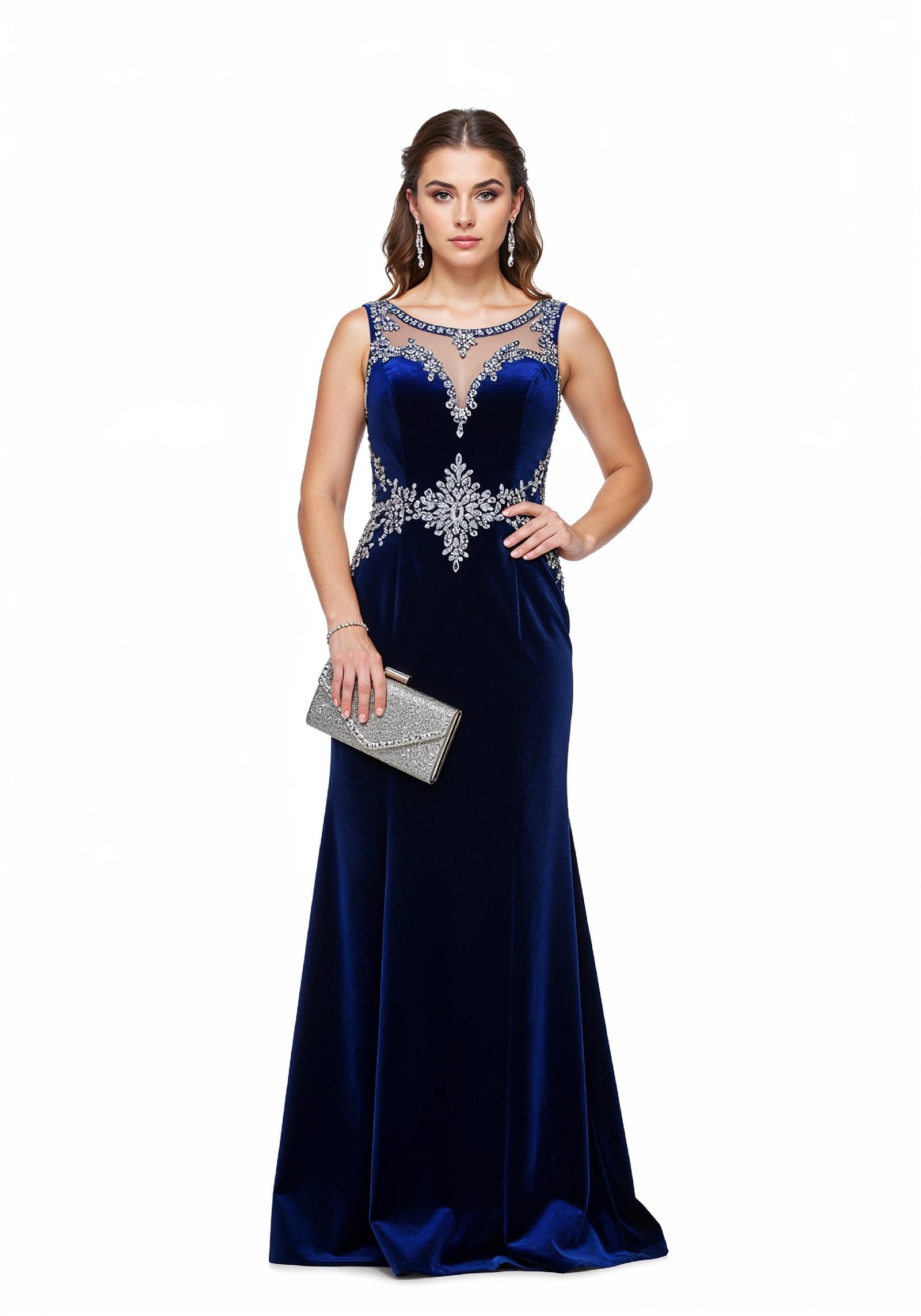 Elegant Young Woman in Luxury Royal Blue Evening Gown Fashion Portrait