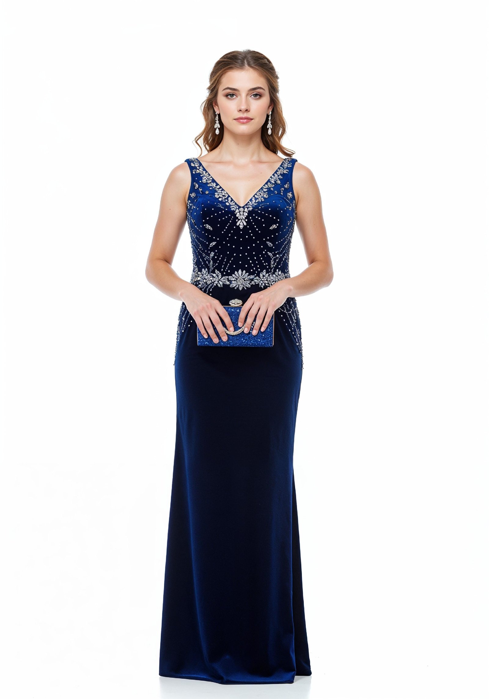 Elegant Young Woman in Luxury Royal Blue Evening Gown Fashion Portrait