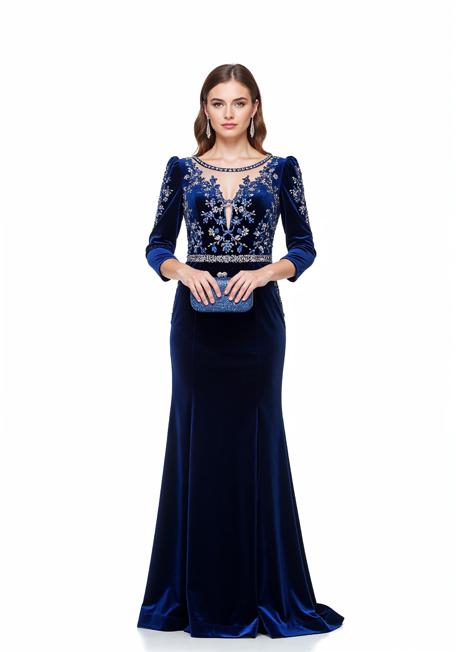 Elegant Young Woman in Luxury Royal Blue Evening Gown Fashion Portrait