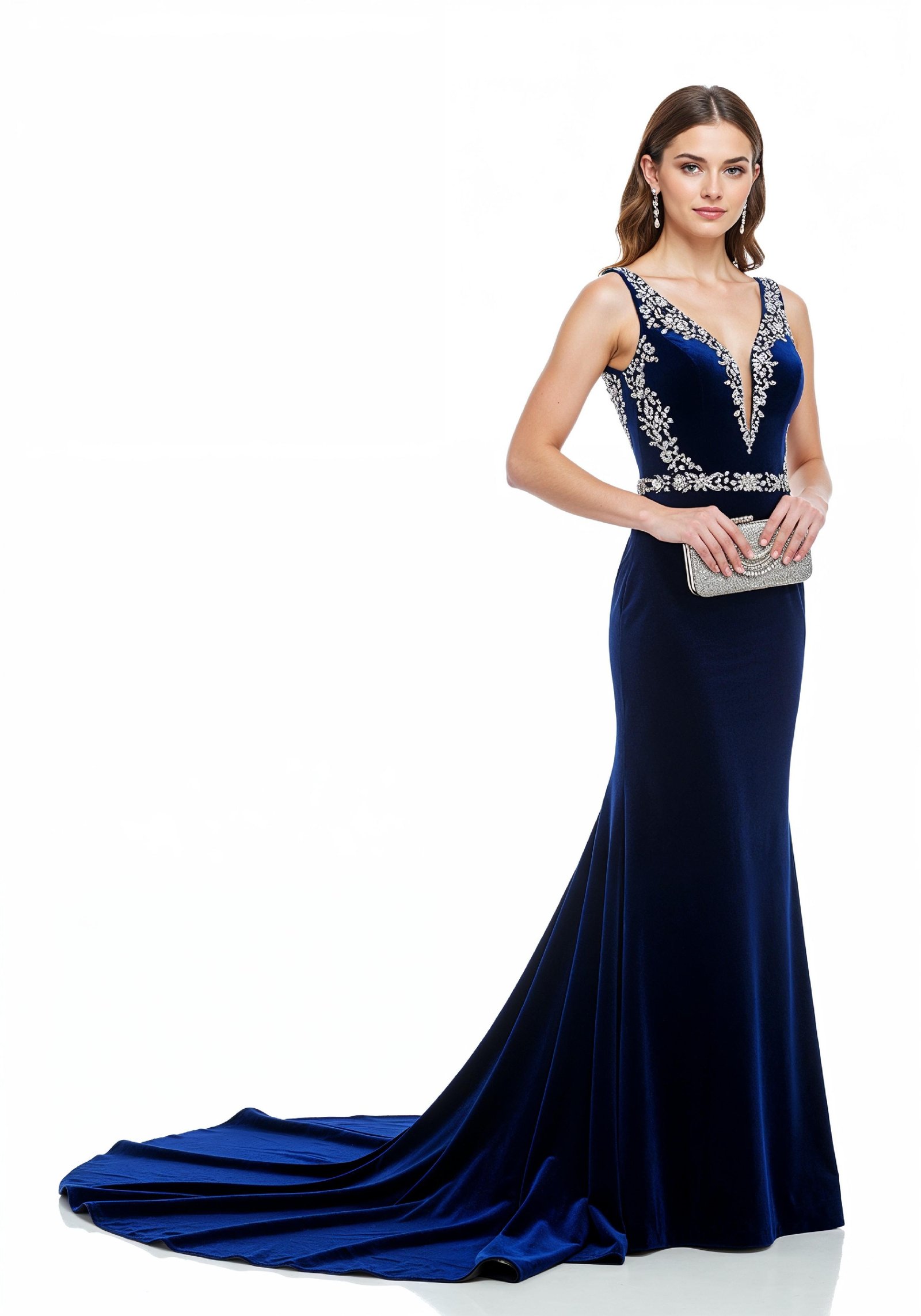 Elegant Young Woman in Luxury Royal Blue Evening Gown Fashion Portrait