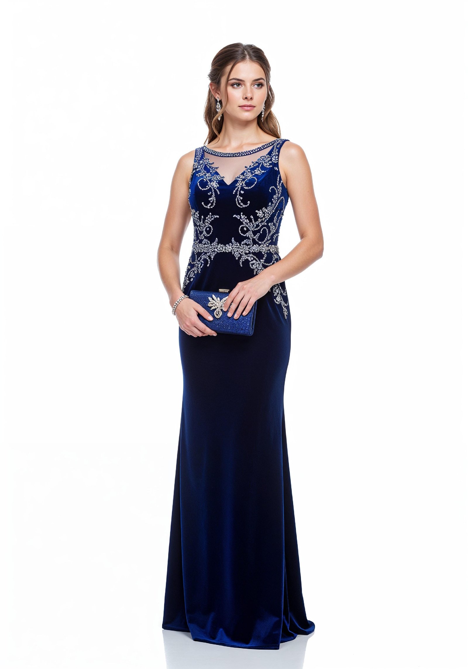 Elegant Young Woman in Luxury Royal Blue Evening Gown Fashion Portrait