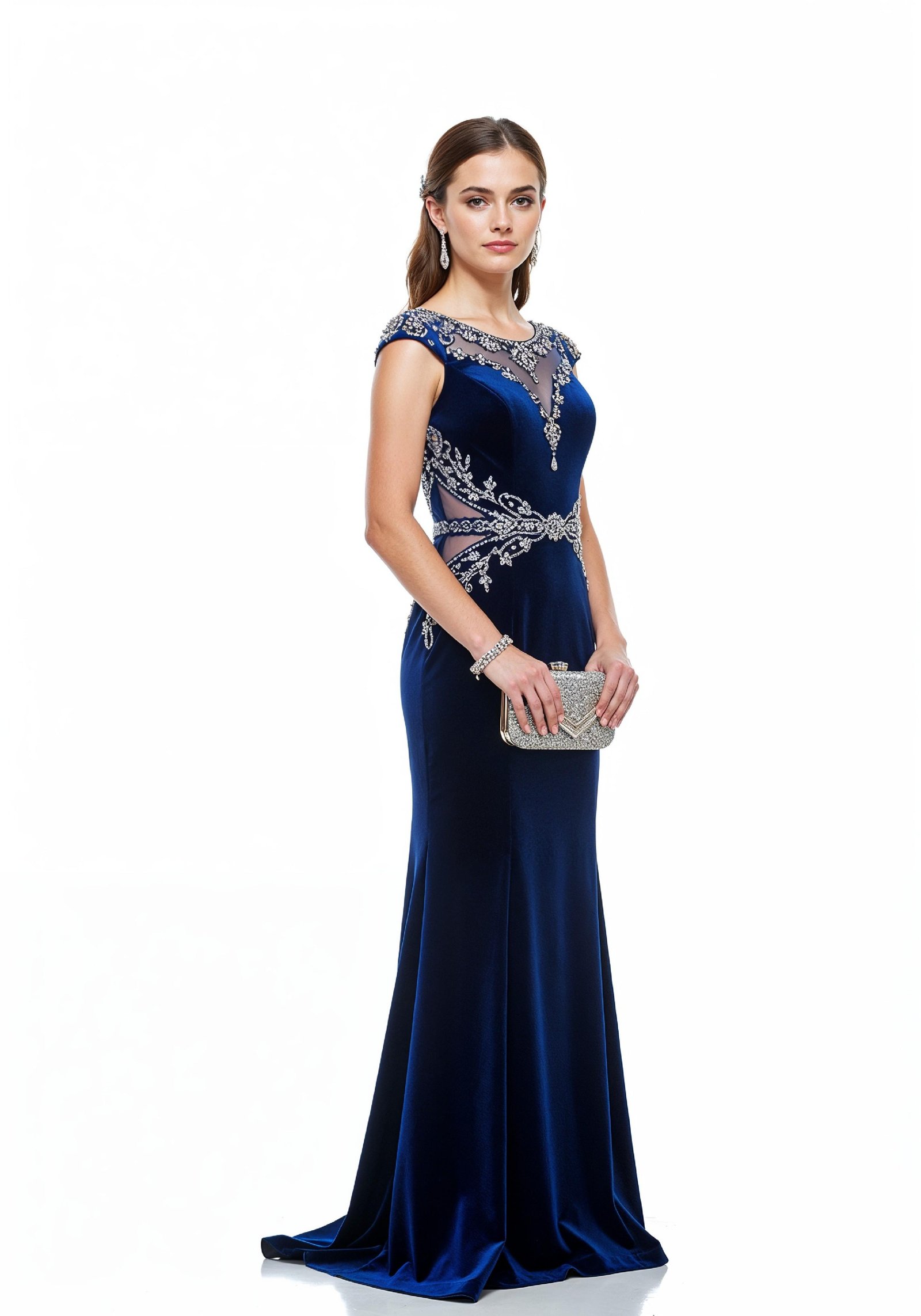 Elegant Young Woman in Luxury Royal Blue Evening Gown Fashion Portrait