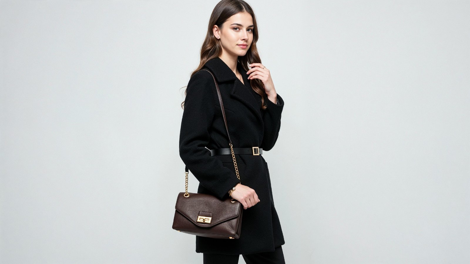 Elegant Young Woman in Modern Black Coat with Luxury Handbag