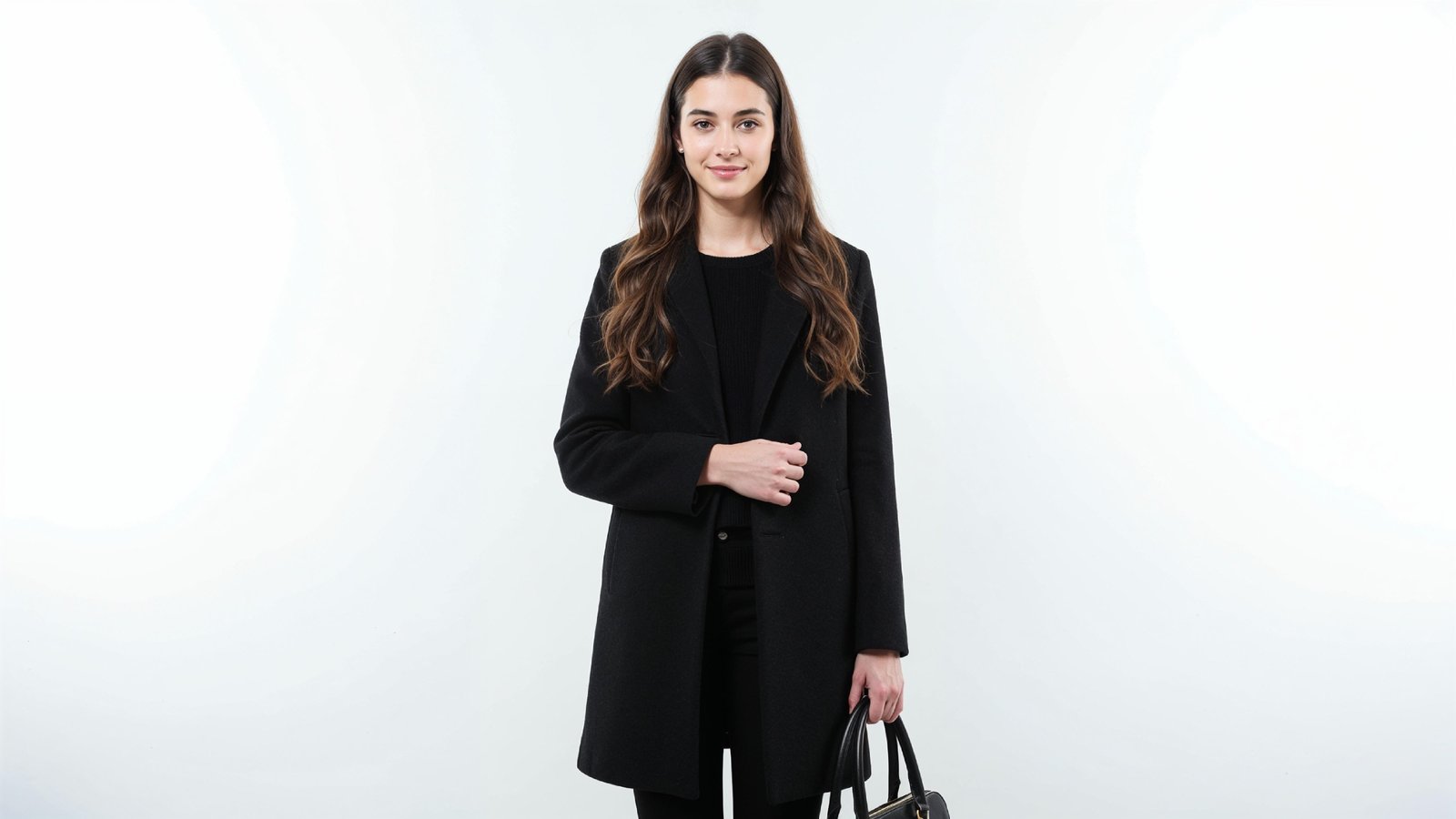Elegant Young Woman in Modern Black Coat with Luxury Handbag