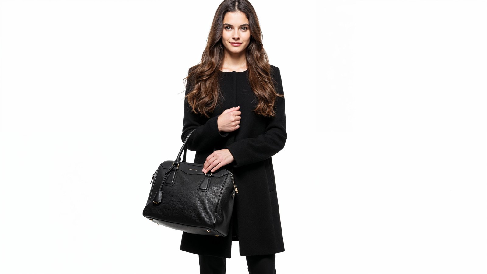 Elegant Young Woman in Modern Black Coat with Luxury Handbag