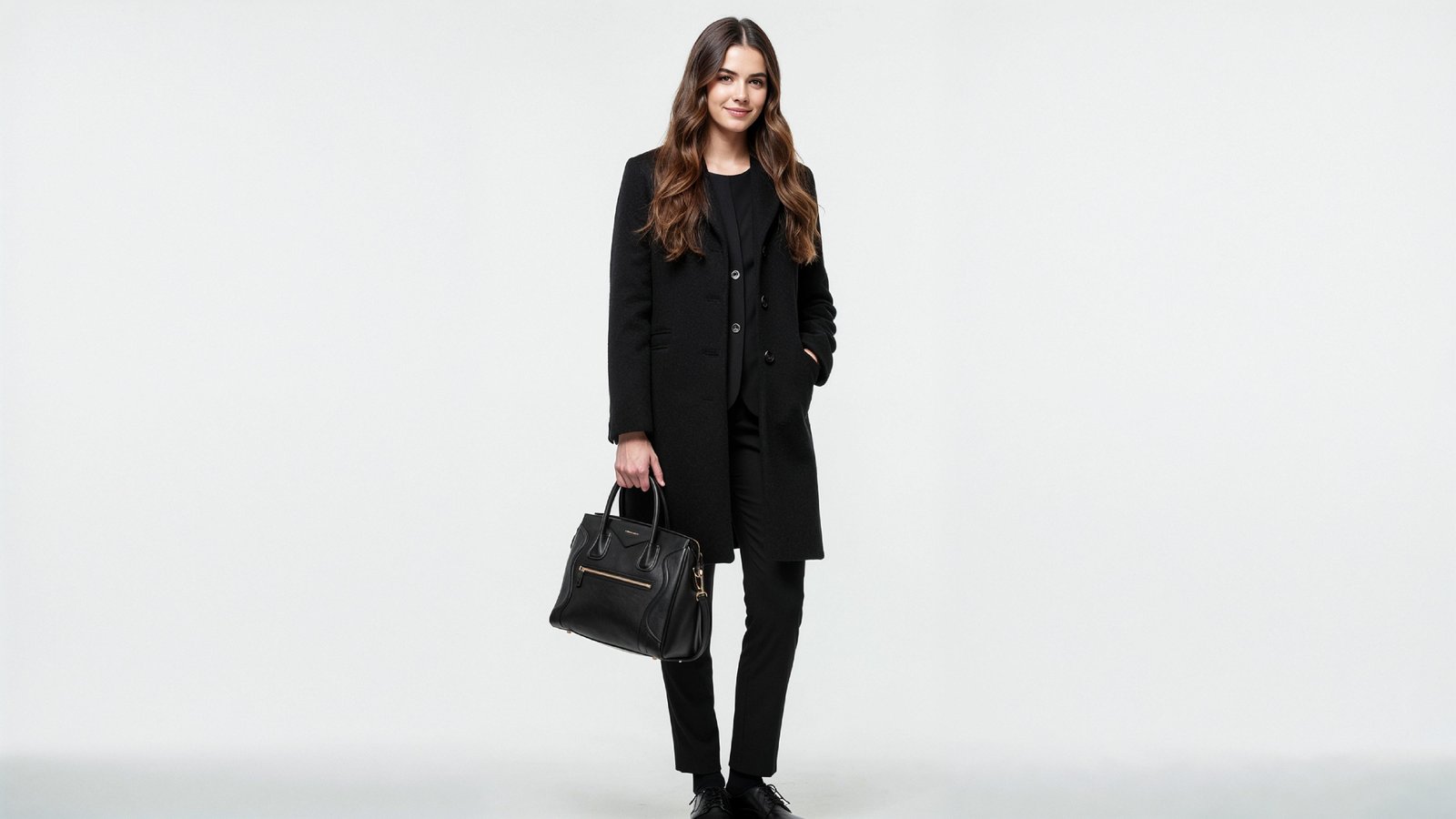 Elegant Young Woman in Modern Black Coat with Luxury Handbag