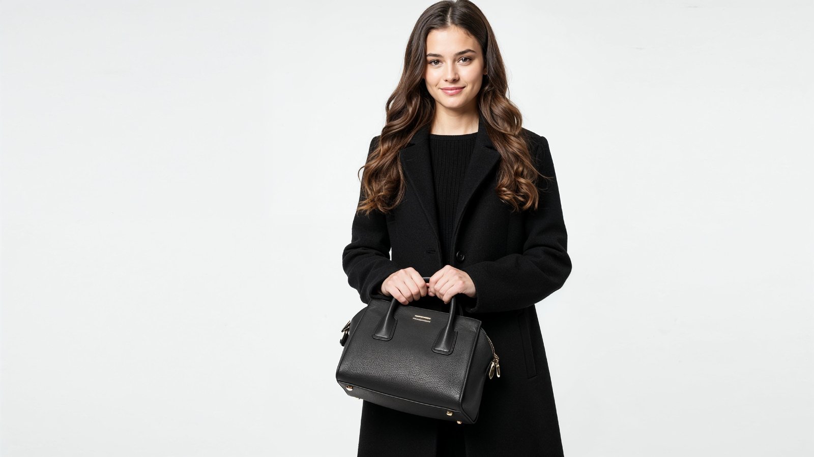 Elegant Young Woman in Modern Black Coat with Luxury Handbag