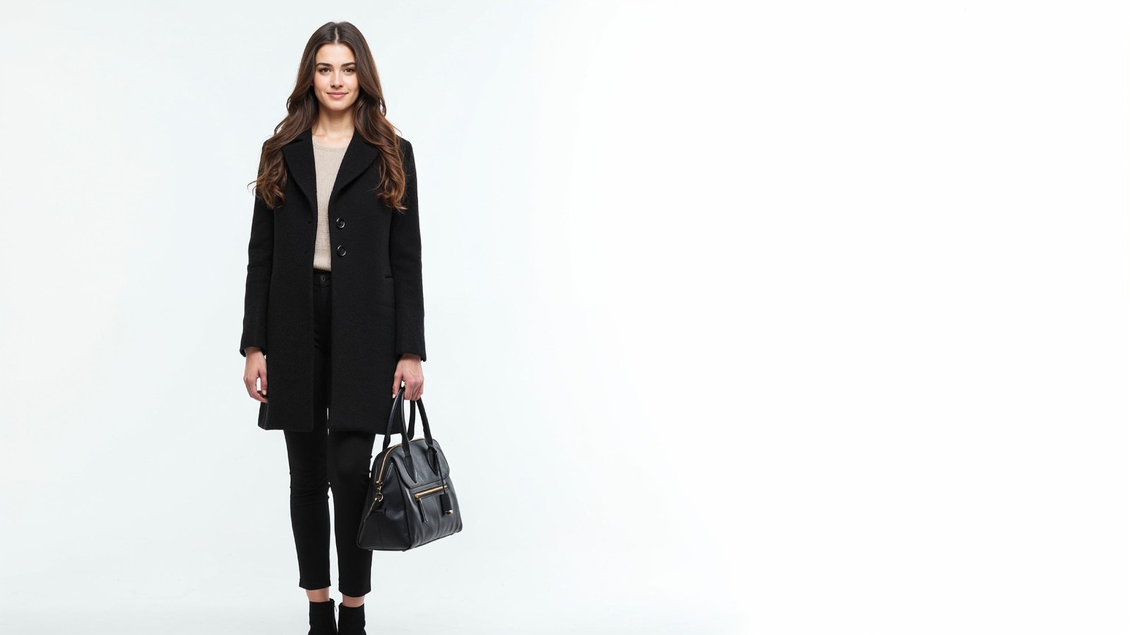 Elegant Young Woman in Modern Black Coat with Luxury Handbag