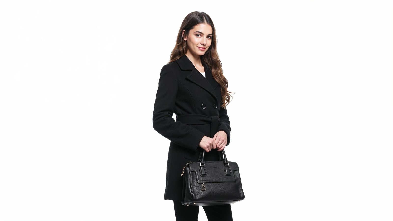 Elegant Young Woman in Modern Black Coat with Luxury Handbag