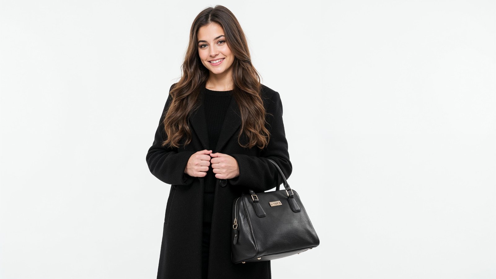 Elegant Young Woman in Modern Black Coat with Luxury Handbag