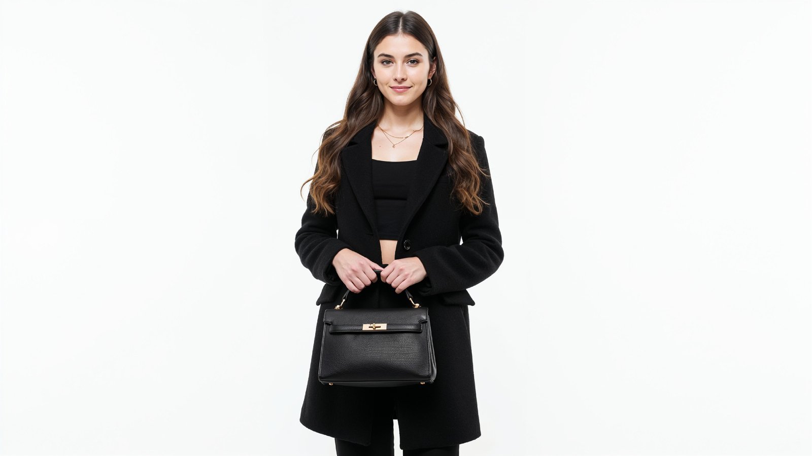 Elegant Young Woman in Modern Black Coat with Luxury Handbag