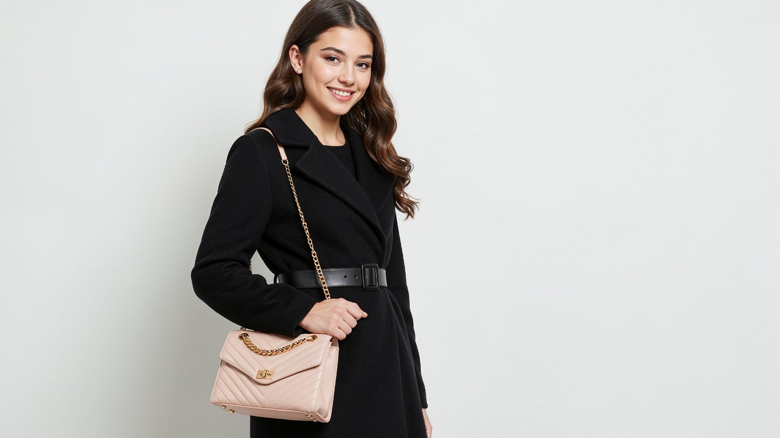Elegant Young Woman in Modern Black Coat with Luxury Handbag