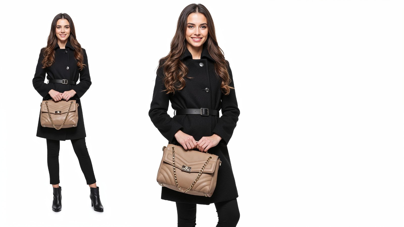 Elegant Young Woman in Modern Black Coat with Luxury Handbag