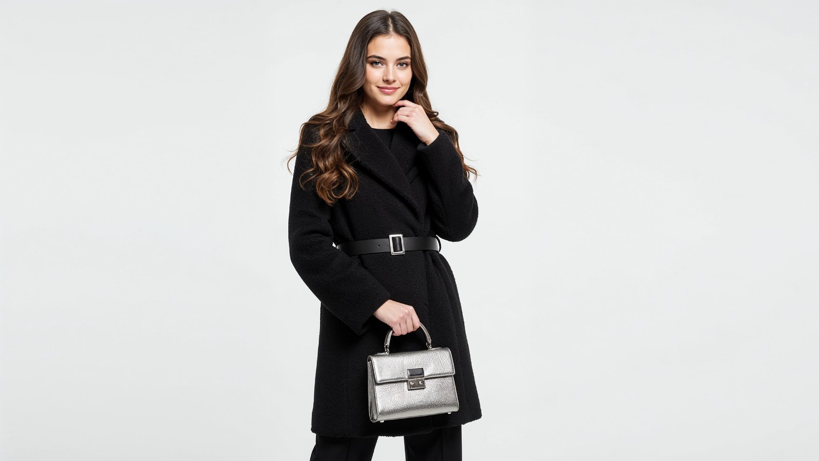 Elegant Young Woman in Modern Black Coat with Luxury Handbag