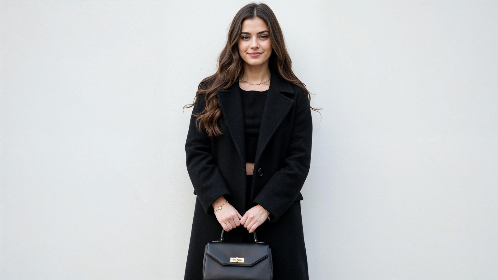 Elegant Young Woman in Modern Black Coat with Luxury Handbag